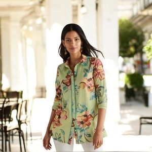 Soft Surroundings Elena Tropical Floral Mix Media Tunic Top SZ S NWT